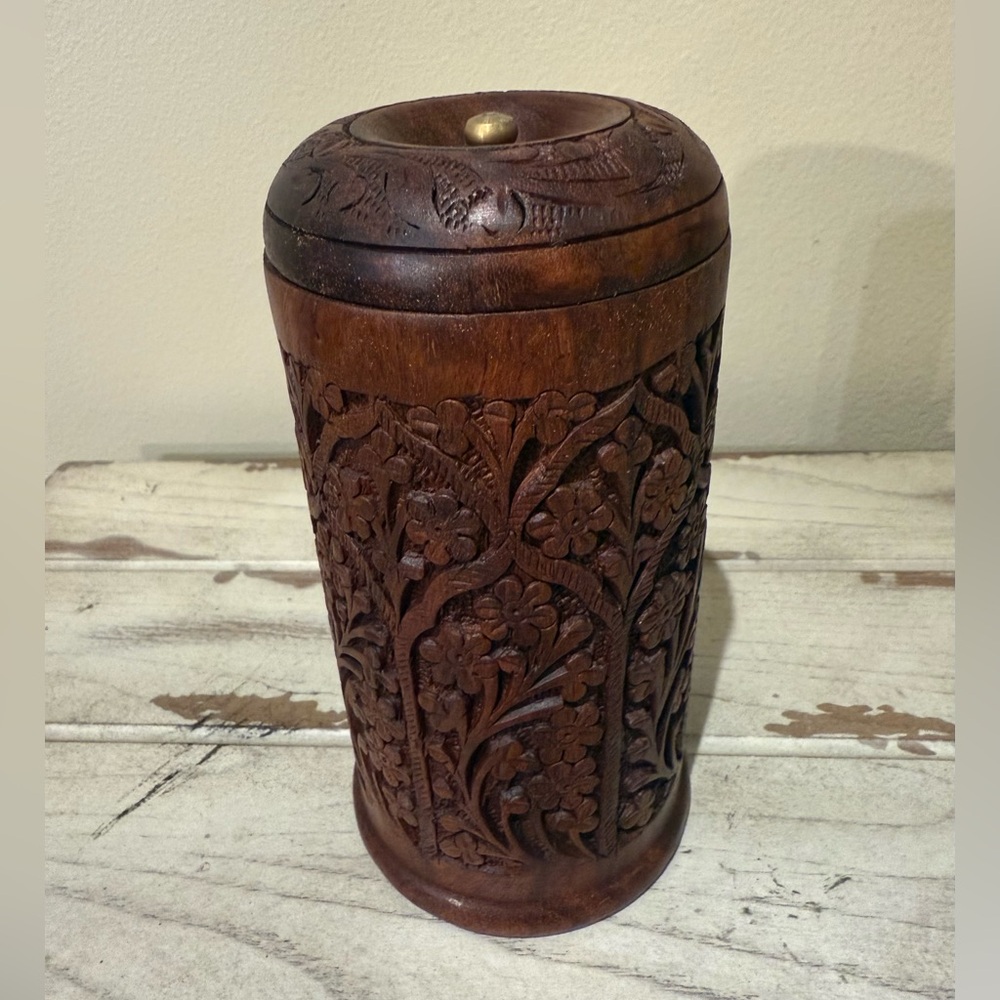 Intricately Hand-Carved Floral Wooden Tea Spice Container